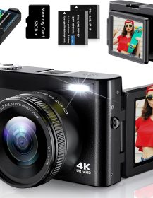 4K Digital Camera for Photography, UHD Autofocus 48MP 180° Flip Screen 16X Zoom Compact Point Shoot Vlogging Camera for YouTube with 2 Batteries, 32GB Card (Black)